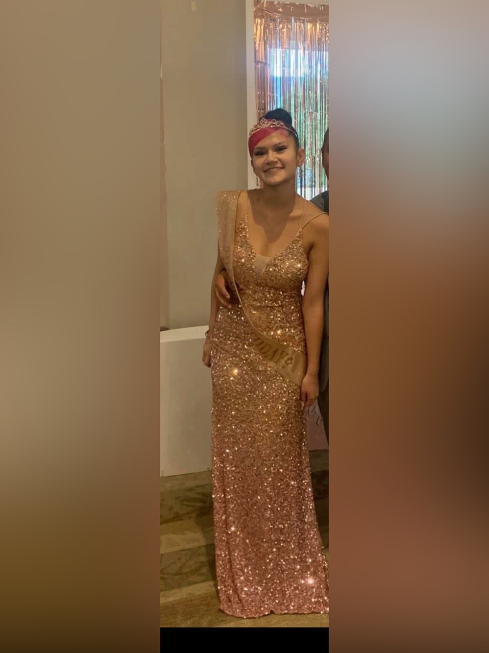 Windsor Rose Gold Sequin Spaghetti-Strap Prom Dress